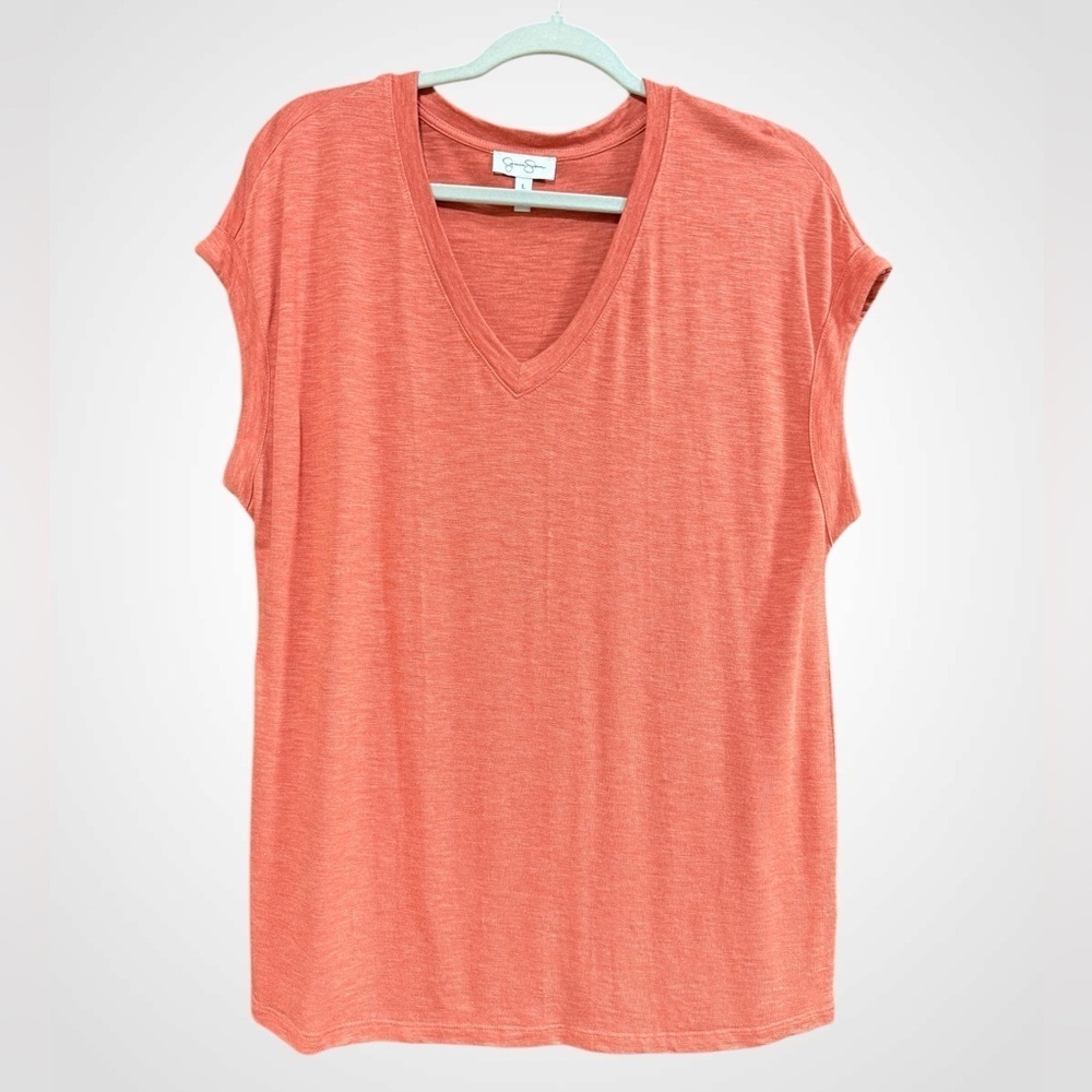 Jessica Simpson Ladies V-Neck Knit Short Sleeve Top, Pink - Coral Size Large